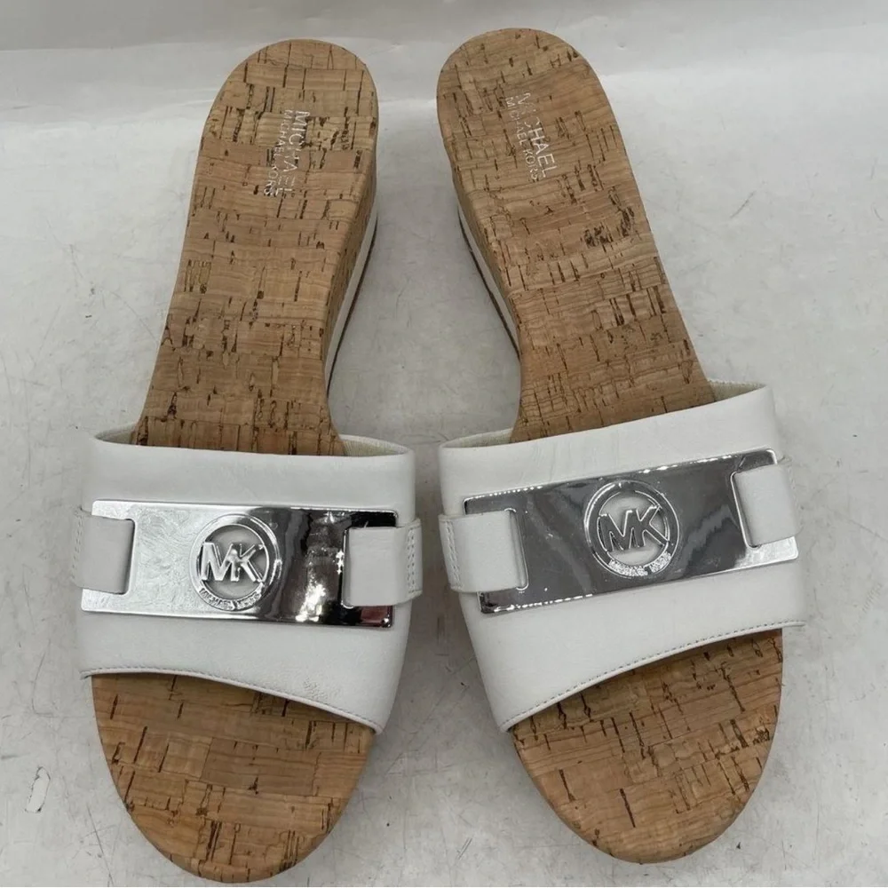 Michael Kors Warren White Open Toe Cork Wedge Platform Slides Size 9 M Sandals
